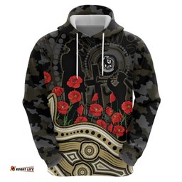 RugbyLife Shop Collingwood Magpies ANZAC Day Hoodie Indigenous Dot Art with Poppy Flower Tribute TS04