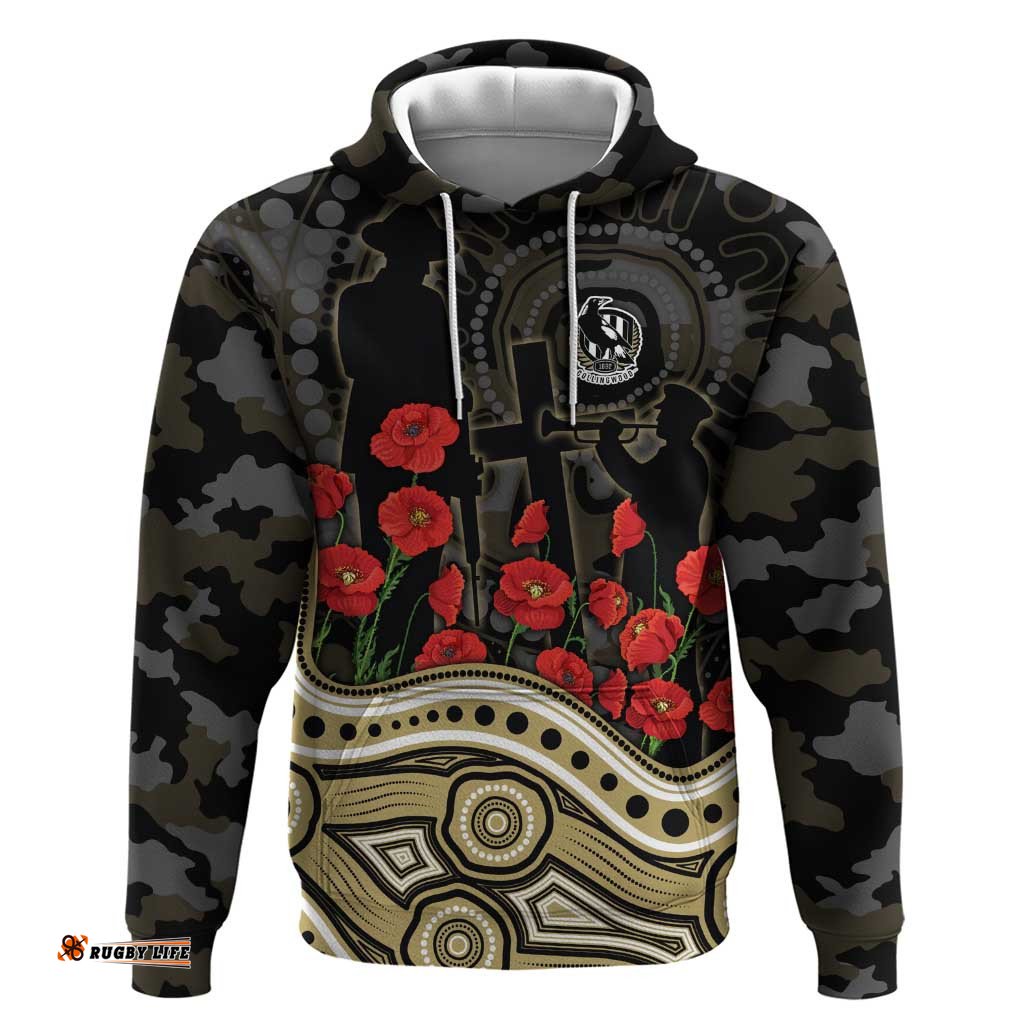RugbyLife Shop Collingwood Magpies ANZAC Day Hoodie Indigenous Dot Art with Poppy Flower Tribute TS04