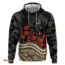 RugbyLife Shop Collingwood Magpies ANZAC Day Hoodie Indigenous Dot Art with Poppy Flower Tribute TS04