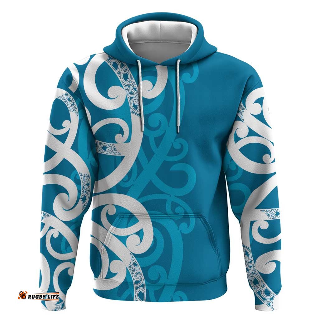 RugbyLife Shop Azure Blue Maori Hoodie Koru Kowhaiwhai LT7