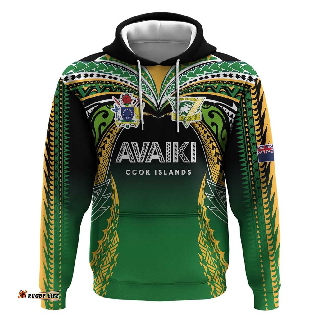 RugbyLife Shop Custom Cook Islands Rugby League Hoodie Avaiki Tatau Tribal Motifs Black Color LT03