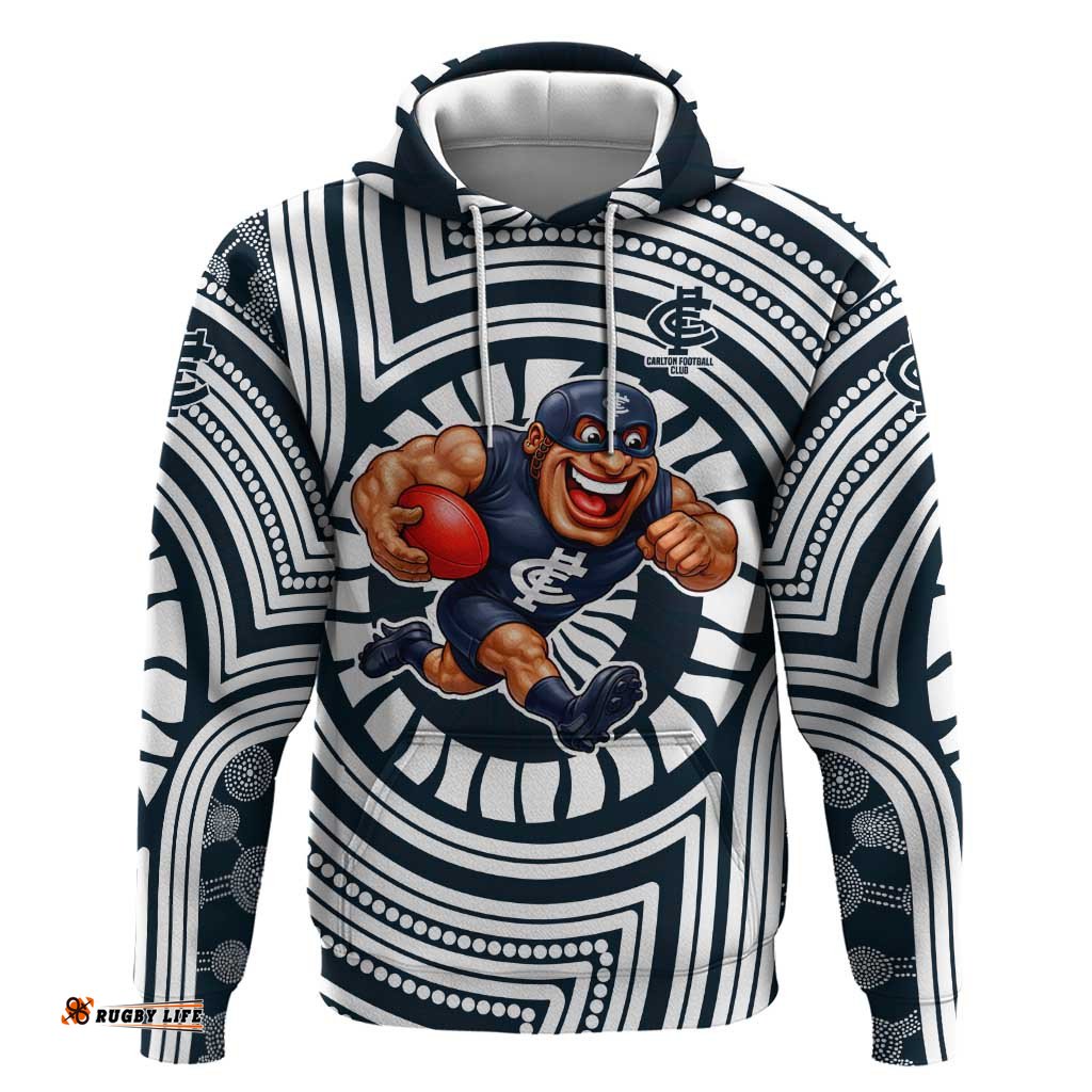 RugbyLife Shop Carlton Football Club Hoodie Indigenous Monochrome Dot Art Mascot Style TS04