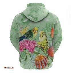 RugbyLife Shop Birds and Floral Aussie Budgerigars Hoodie Mint Opal LT7