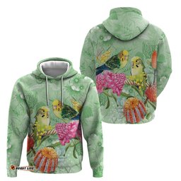 RugbyLife Shop Birds and Floral Aussie Budgerigars Hoodie Mint Opal LT7