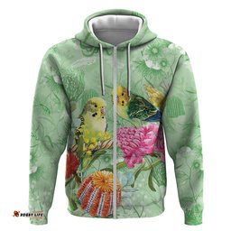 RugbyLife Shop Birds and Floral Aussie Budgerigars Hoodie Mint Opal LT7
