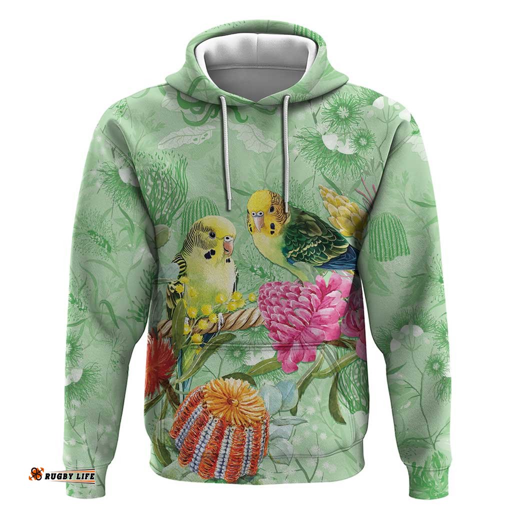 RugbyLife Shop Birds and Floral Aussie Budgerigars Hoodie Mint Opal LT7