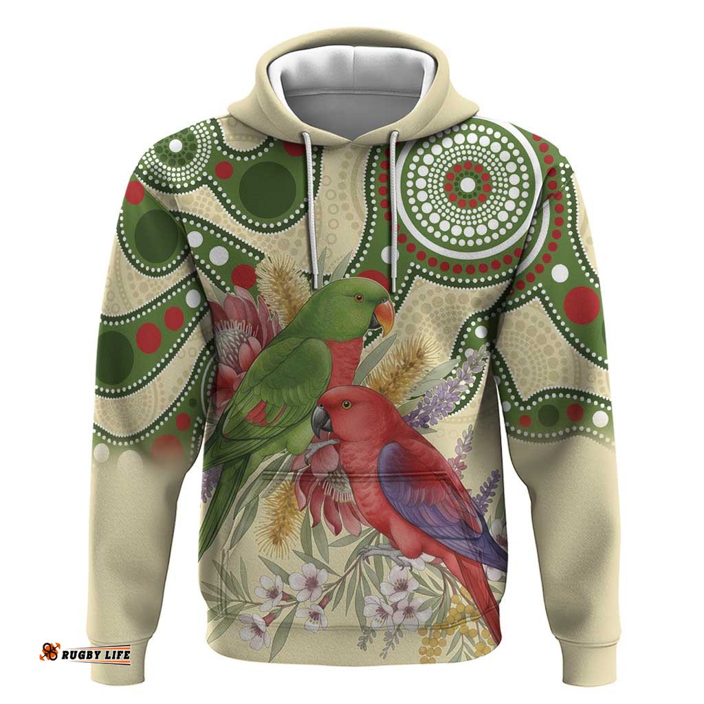 RugbyLife Shop Australia Moluccan Eclectus Hoodie Australian Native Flowers Indigenous Art LT14