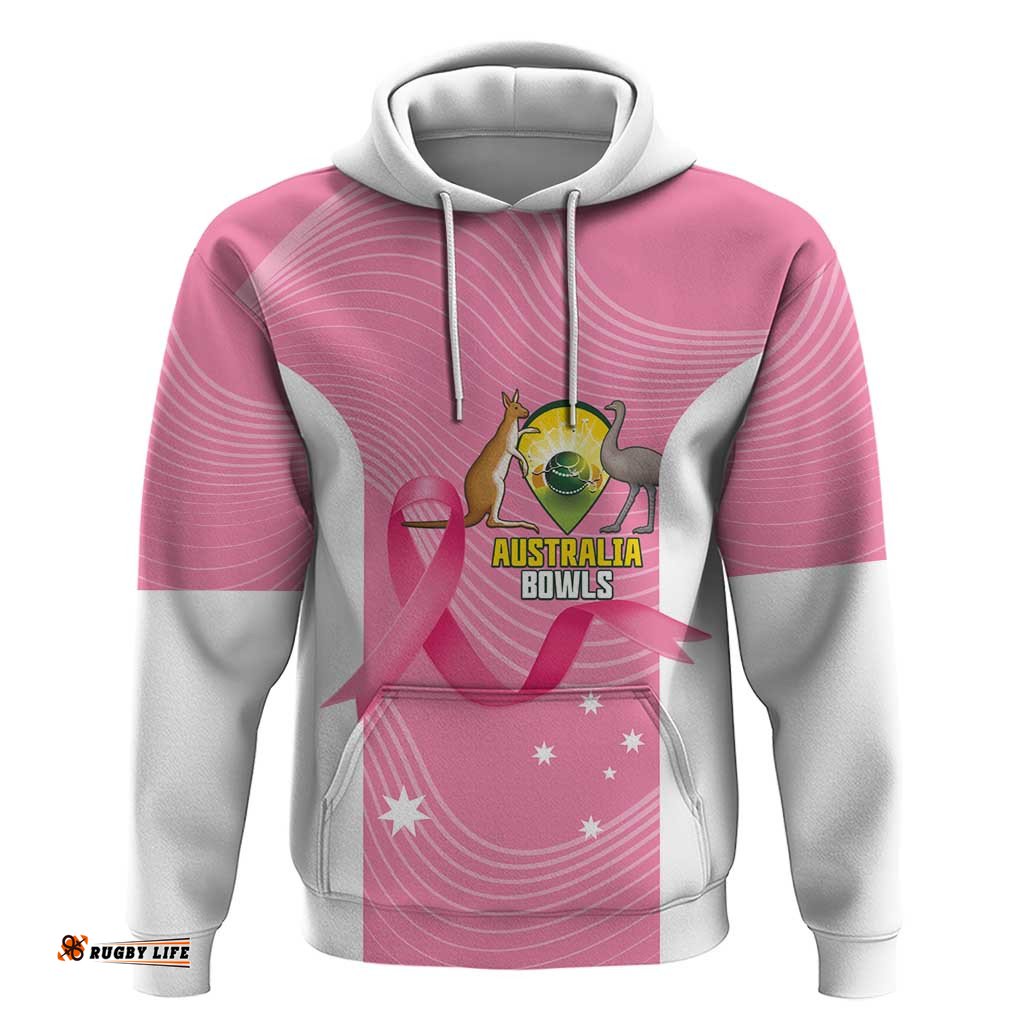 RugbyLife Shop Custom Bowls Australia Breast Cancer Hoodie Pink Ribbon Aussie Map With Kangaroo Emu LT14
