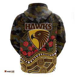 RugbyLife Shop Hawthorn Hawks ANZAC Day Hoodie Indigenous Dot Art with Poppy Flower Tribute TS04