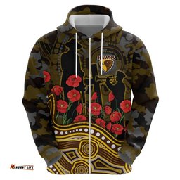 RugbyLife Shop Hawthorn Hawks ANZAC Day Hoodie Indigenous Dot Art with Poppy Flower Tribute TS04