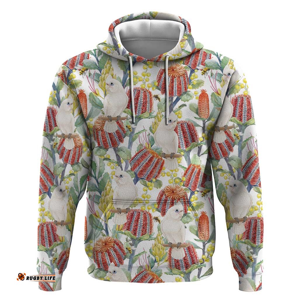 RugbyLife Shop Little Corella Australia Cockatoo Hoodie Cacatua Sanguinea Banksia Seamless White LT14