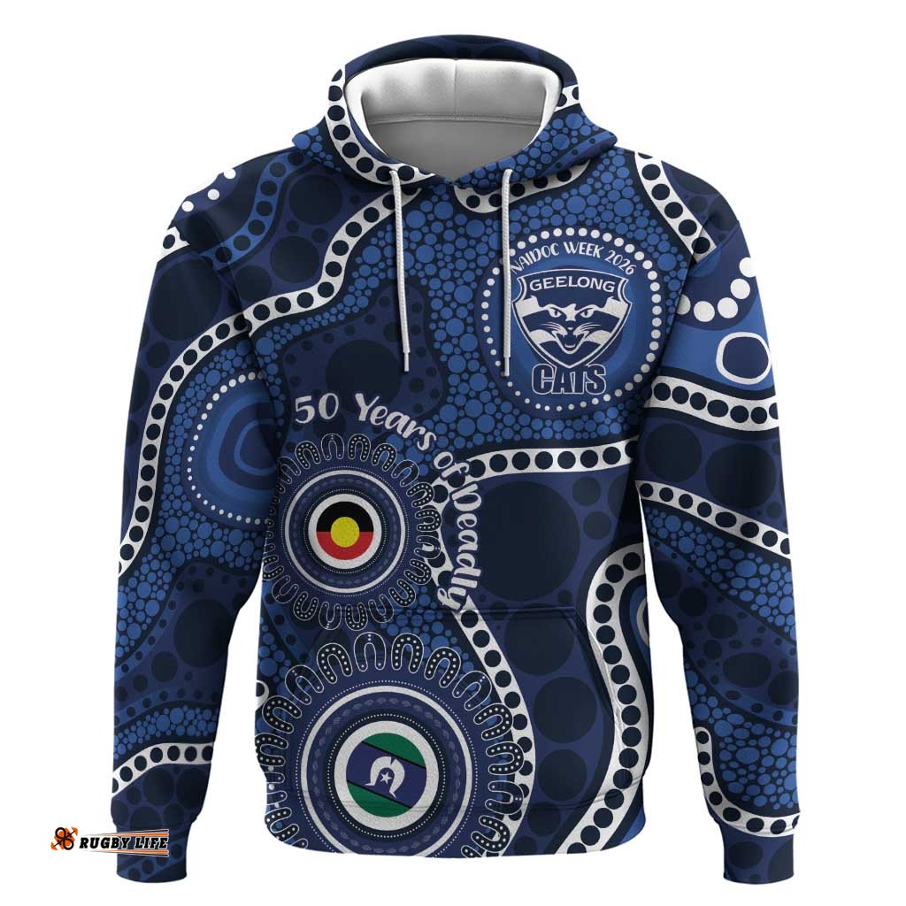 RugbyLife Shop Geelong Cats NAIDOC Week 2026 Personalised Hoodie 50 Years of Deadly Aboriginal Art LT14
