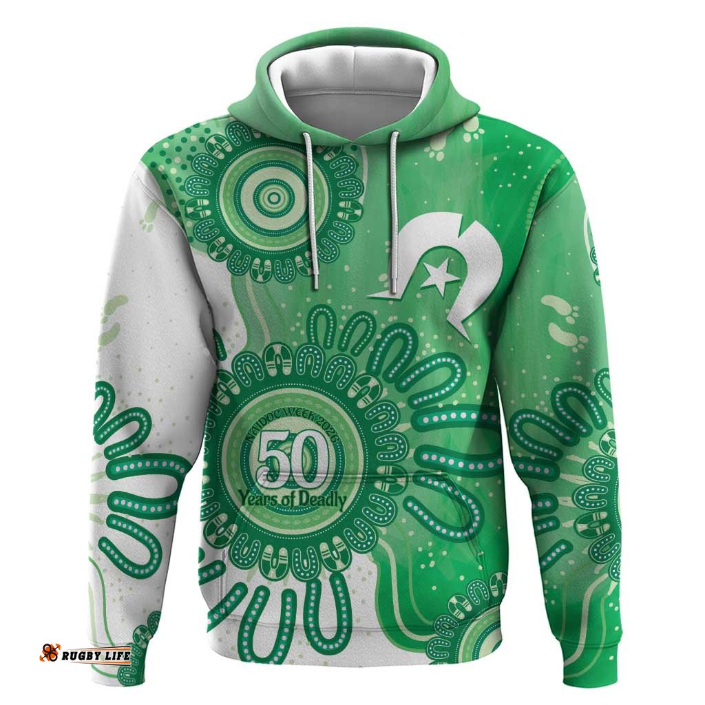 RugbyLife Shop NAIDOC Week 2026 Hoodie 50 Years Deadly Dhari Green Aboriginal Art LT14