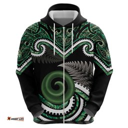 RugbyLife Shop Koru Pounamu Aotearoa Hoodie Maori Paua Shell Mix Silver Fern LT14