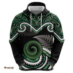RugbyLife Shop Koru Pounamu Aotearoa Hoodie Maori Paua Shell Mix Silver Fern LT14