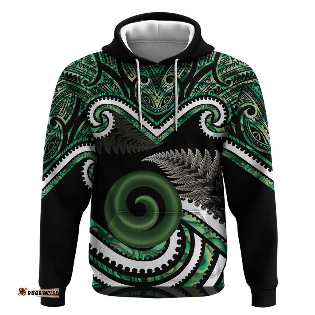 RugbyLife Shop Koru Pounamu Aotearoa Hoodie Maori Paua Shell Mix Silver Fern LT14