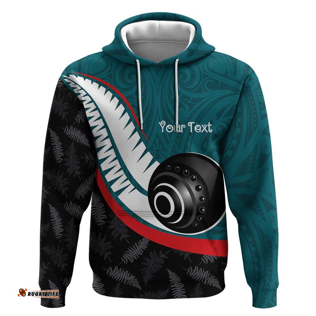 RugbyLife Shop Personalised Aotearoa Lawn Bowls Hoodie Maori and Silver Fern Sporty Style Teal Color LT03
