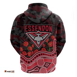 RugbyLife Shop Essendon Bombers ANZAC Day Hoodie Indigenous Dot Art with Poppy Flower Tribute TS04