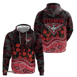 RugbyLife Shop Essendon Bombers ANZAC Day Hoodie Indigenous Dot Art with Poppy Flower Tribute TS04