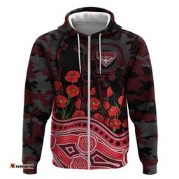 RugbyLife Shop Essendon Bombers ANZAC Day Hoodie Indigenous Dot Art with Poppy Flower Tribute TS04