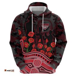 RugbyLife Shop Essendon Bombers ANZAC Day Hoodie Indigenous Dot Art with Poppy Flower Tribute TS04