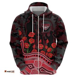 RugbyLife Shop Essendon Bombers ANZAC Day Hoodie Indigenous Dot Art with Poppy Flower Tribute TS04