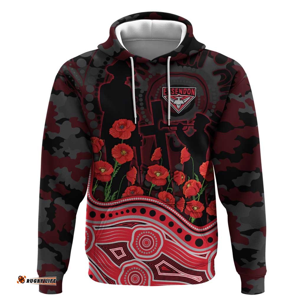 RugbyLife Shop Essendon Bombers ANZAC Day Hoodie Indigenous Dot Art with Poppy Flower Tribute TS04