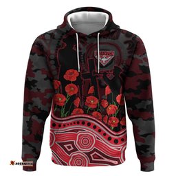 RugbyLife Shop Essendon Bombers ANZAC Day Hoodie Indigenous Dot Art with Poppy Flower Tribute TS04