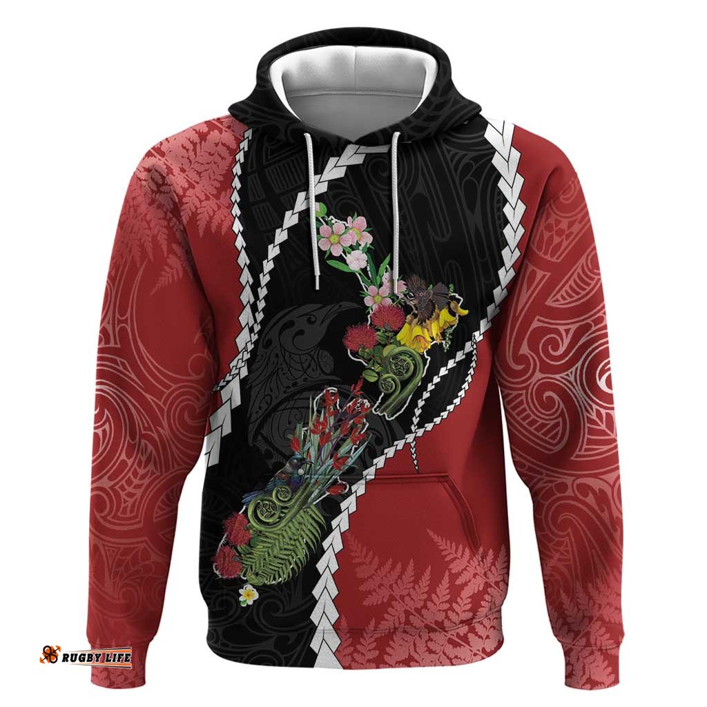 RugbyLife Shop New Zealand Christmas Hoodie Flora Map with Birds LT7