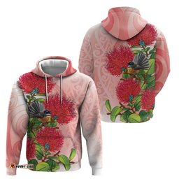 RugbyLife Shop New Zealand Fantail Hoodie Maori Koru With Pohutukawa Flowers LT05