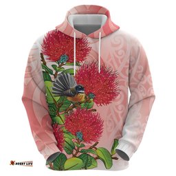 RugbyLife Shop New Zealand Fantail Hoodie Maori Koru With Pohutukawa Flowers LT05