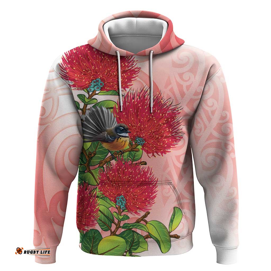 RugbyLife Shop New Zealand Fantail Hoodie Maori Koru With Pohutukawa Flowers LT05