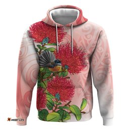 RugbyLife Shop New Zealand Fantail Hoodie Maori Koru With Pohutukawa Flowers LT05