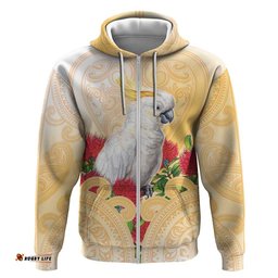 RugbyLife Shop New Zealand Aotearoa Cockatoo Hoodie Maori Pattern With Pohutukawa Flowers LT05