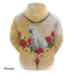 RugbyLife Shop New Zealand Aotearoa Cockatoo Hoodie Maori Pattern With Pohutukawa Flowers LT05