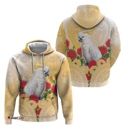 RugbyLife Shop New Zealand Aotearoa Cockatoo Hoodie Maori Pattern With Pohutukawa Flowers LT05