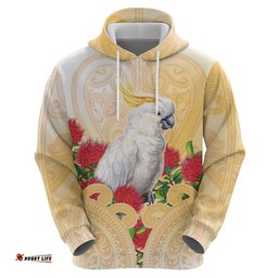 RugbyLife Shop New Zealand Aotearoa Cockatoo Hoodie Maori Pattern With Pohutukawa Flowers LT05