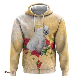 RugbyLife Shop New Zealand Aotearoa Cockatoo Hoodie Maori Pattern With Pohutukawa Flowers LT05