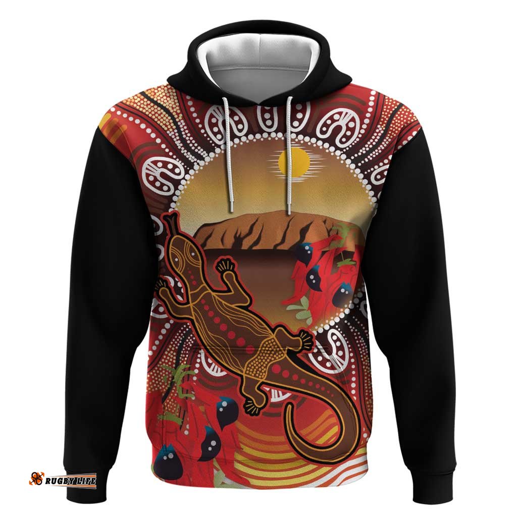 RugbyLife Shop Indigenous Goanna Australia Hoodie Aussie Uluru Ayers Rock Sturt's Desert Pea LT14