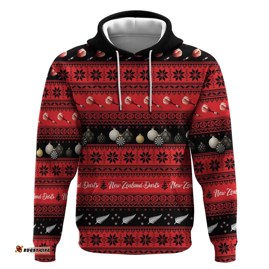 RugbyLife Shop New Zealand Darts Christmas Hoodie Merry Xmas Aotearoa Maori Red LT14