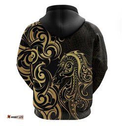 RugbyLife Shop Gold And Black Aoteara Horse Racing Hoodie NZ Maori Pattern LT14
