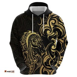 RugbyLife Shop Gold And Black Aoteara Horse Racing Hoodie NZ Maori Pattern LT14