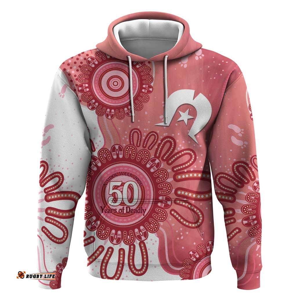 RugbyLife Shop NAIDOC Week 2026 Hoodie 50 Years Deadly Dhari Pink Aboriginal Art LT14