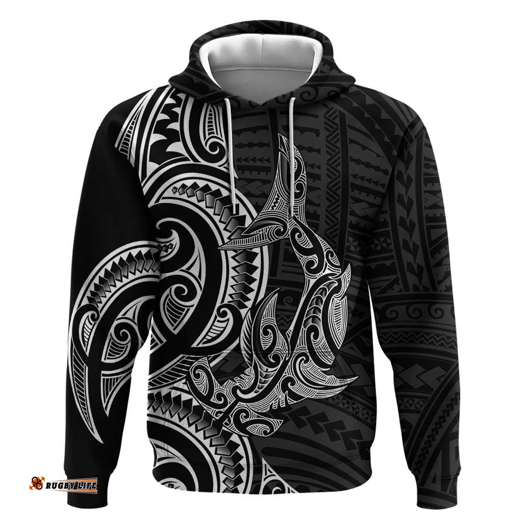 RugbyLife Shop New Zealand Hammerhead Shark Hoodie Maori Haehae Mangopare Black LT14