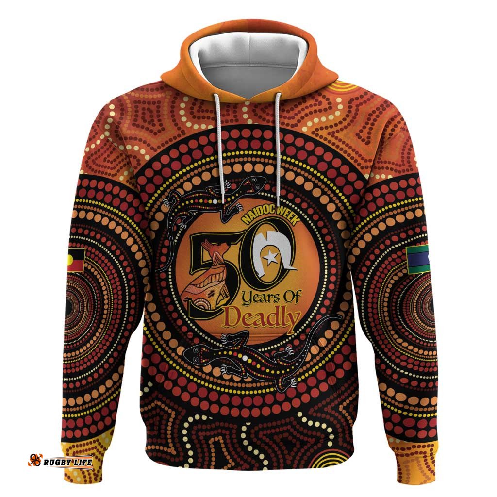 RugbyLife Shop NAIDOC Week 2026 Personalised Hoodie 50 Years of Deadly Lizard Kangaroo Aboriginal Art LT14