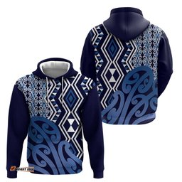 RugbyLife Shop New Zealand Hoodie Aotearoa Kowhaiwhai Mix Taniko Art - Blue LT14