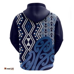 RugbyLife Shop New Zealand Hoodie Aotearoa Kowhaiwhai Mix Taniko Art - Blue LT14
