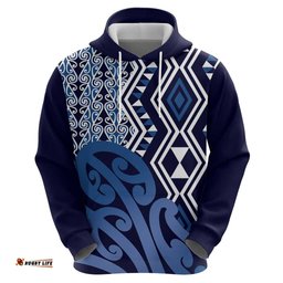 RugbyLife Shop New Zealand Hoodie Aotearoa Kowhaiwhai Mix Taniko Art - Blue LT14