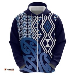 RugbyLife Shop New Zealand Hoodie Aotearoa Kowhaiwhai Mix Taniko Art - Blue LT14