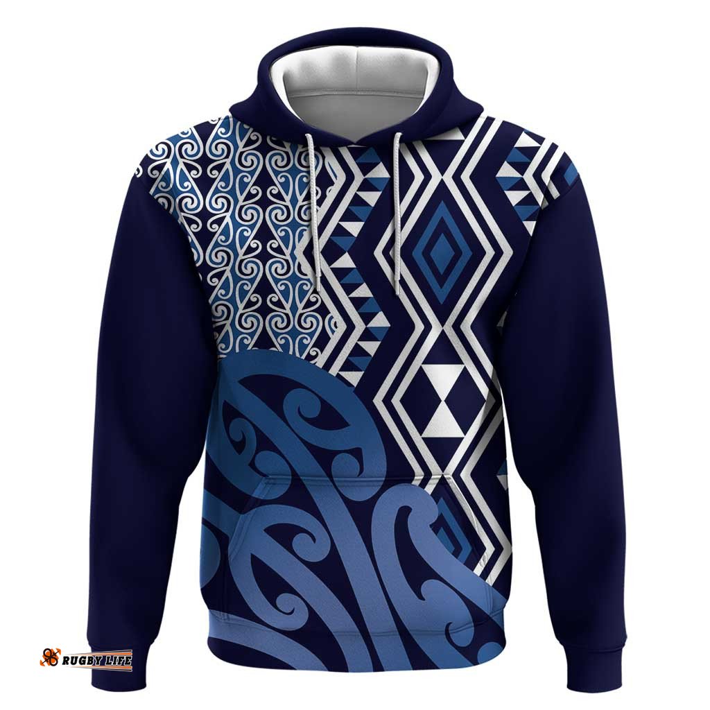 RugbyLife Shop New Zealand Hoodie Aotearoa Kowhaiwhai Mix Taniko Art - Blue LT14